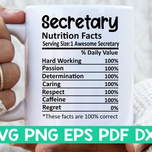 Secrétaire Nutrition Facts svg, Secrétaire Nutritional Facts svg, Secrétaire chemise svg, Cadeau pour Secrétaire svg, Secrétaire coupe fichier svg, Fichier svg Mug
