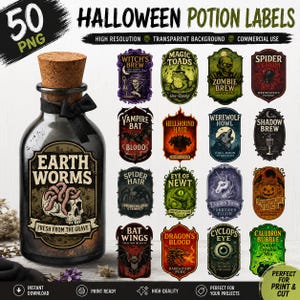 Puede incluir: Una colección digital de 50 etiquetas de pociones de Halloween en formato PNG, que incluye una botella de vidrio con tapón de corcho y un lazo negro, etiquetada como Earth Worms. El set contiene varios diseños ilustrados como Witch's Brew y Zombie Brew.