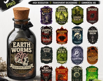 May include: A digital collection of 50 Halloween potion labels in PNG format, featuring a glass bottle with a cork stopper and a black bow, labeled Earth Worms. The set includes various illustrated designs like Witch's Brew, Zombie Brew, and Spider Venom.