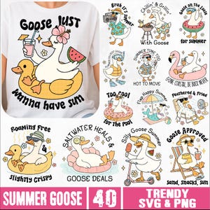 Summer Goose SVG PNG Bundle, svg drôle d'oie idiote, sublimation de vacances plage vibes rétro png, svg d'oie esthétique tendance chemise d'été