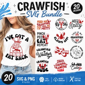 May include: A digital collection of 20 crawfish-themed SVG and PNG graphic designs featuring red and black text and illustrations. The designs include phrases like I've Got A Fat Sack, Hot & Spicy, and Crawfish Weather, displayed on a white background.