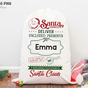 May include: A white fabric gift sack featuring red and green text and graphics. The design includes a Santa Claus illustration, the text Santa Express, Deliver Enclozed Presents To Emma, and a North Pole Express postmark stamp graphic.