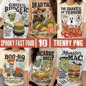 Spooky Fast Food PNG Bundle, Haunting Burgers & Fries Halloween Humor png, Funny Foodie Creepy Snacky Retro Vibes Sarcastic Sublimation