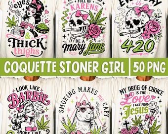 Coquette Stoner Girl PNG, Funny Weed Lover Skull Pink Cannabis Retro Girly Sublimation