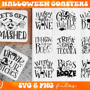 Halloween Coaster SVG Bundle, Citations de vin drôles svg, Halloween Drinking Coasters svg, Happy Hallo Wine svg