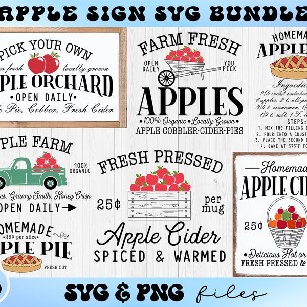 Apple Sign SVG Bundle, Fresh Apples Farm Svg Set, Farmers Market Apple Orchard Sign Svg, Fresh Pressed Apple Sider Svg, Apple Pie Svg file
