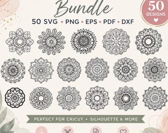 Könnte beinhalten: Ein digitales Paket mit 50 Mandala-Designs in schwarzer Tinte auf hellem Hintergrund. Der Text lautet MANDALAS Bundle, 50 DESIGNS, 50 SVG PNG EPS PDF DXF und PERFECT FOR CRICUT SILHOUETTE & MORE. Enthält Symbole für Sofort-Download und gewerbliche Nutzung.