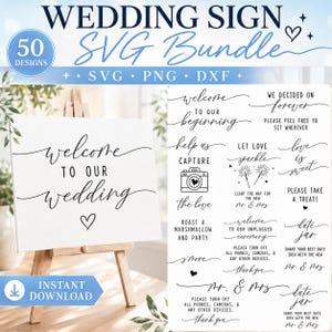 May include: A digital bundle of 50 wedding sign designs in SVG, PNG, and DXF formats. The collection features black text on a white background, including phrases like Welcome to our wedding, We decided on forever, and Let love sparkle.
