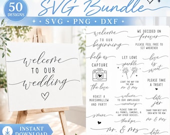 May include: A digital bundle of 50 wedding sign designs in SVG, PNG, and DXF formats. The collection features black text on a white background, including phrases like Welcome to our wedding, We decided on forever, and Let love sparkle.