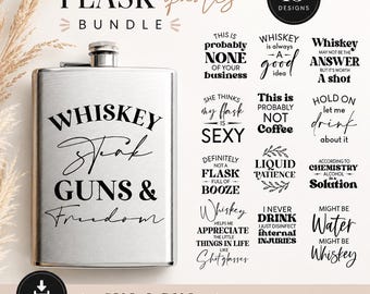 Può includere: Una fiaschetta in metallo argentato con il testo nero Whiskey, Steak, Guns & Freedom, accompagnata da una collezione digitale di 15 design tipografici neri con varie citazioni umoristiche sull'alcol, in formati di file SVG e PNG.
