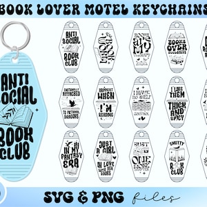 Boek minnaar Motel sleutelhanger SVG bundel, lezen Hotel sleutelhanger SVG, trendy sleutelhanger SVG, in mijn fantasie tijdperk SVG, anti sociale boekenclub SVG
