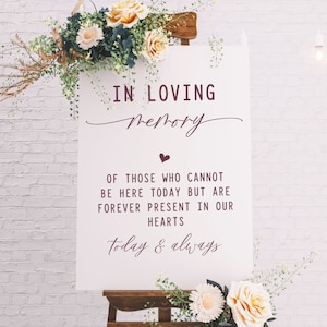 May include: White sign with the text "IN LOVING Memory" in burgundy script. Below the text is a small heart and the words "OF THOSE WHO CANNOT BE HERE TODAY BUT ARE FOREVER PRESENT IN OUR HEARTS today & always" in burgundy.