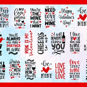 May include: A collection of 16 Valentine's Day themed wine-related designs. The designs feature various phrases and illustrations, including hearts, wine glasses, and wine bottles. The designs are in black and red on a white background.