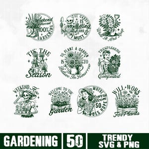 Puede incluir: Una colecci&oacute;n de 12 dise&ntilde;os en blanco y negro con tem&aacute;tica de jardiner&iacute;a. Cada dise&ntilde;o presenta ilustraciones de herramientas de jardiner&iacute;a, plantas y citas como "Weekend Forecast 100% Gardening" y "Where Flowers Bloom So Does Hope". El texto inferior dice "Gardening 50 Trendy SVG & PNG".
