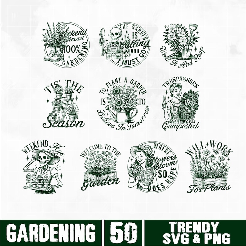 Puede incluir: Una colecci&oacute;n de 12 dise&ntilde;os en blanco y negro con tem&aacute;tica de jardiner&iacute;a. Cada dise&ntilde;o presenta ilustraciones de herramientas de jardiner&iacute;a, plantas y citas como "Weekend Forecast 100% Gardening" y "Where Flowers Bloom So Does Hope". El texto inferior dice "Gardening 50 Trendy SVG & PNG".