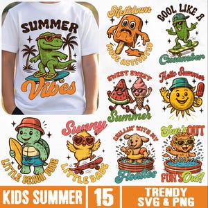 Retro Kinder Sommer SVG PNG Bundle, Groovy Kleinkind Sommer svg, Vintage Strand Vibes svg, lustiger Sommer Charakter png, Hallo Sommer Dino svg
