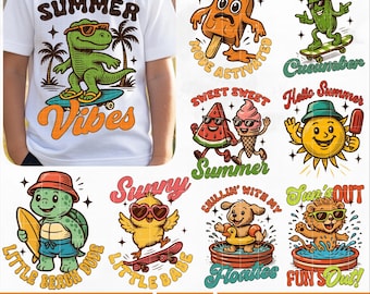 May include: A set of 15 colourful summer-themed SVG and PNG files featuring illustrations of a dinosaur, a turtle, a chick, a dog, a lion, a watermelon, an ice cream cone, a sun, and a pickle. The text "Kids Summer 15" and "Trendy SVG & PNG" is also included in the image.