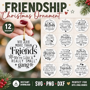 May include: A set of 12 round white ceramic Christmas ornaments featuring black text and decorative icons. Each ornament displays unique friendship-themed quotes, including phrases like We Are More Than Friends We're Like A Really Small gang.