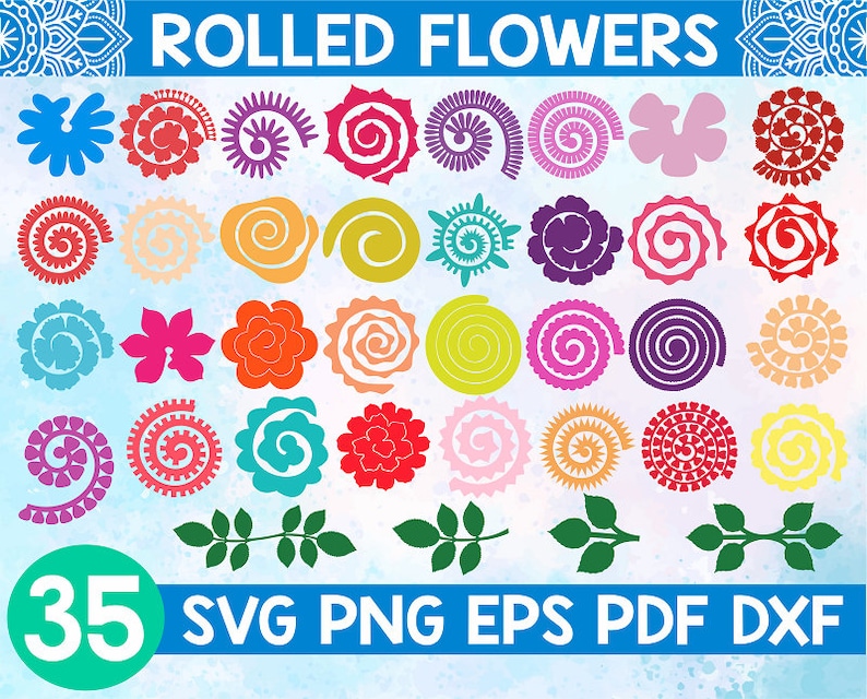 May include: A set of 35 SVG, PNG, EPS, PDF, and DXF files for creating rolled paper flowers. The image shows a variety of colorful flower designs, including swirls, spirals, and simple shapes.
