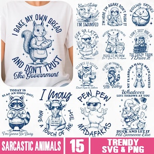 Sarcastische dieren SVG PNG-bundel, retro dierlijke meme svg, grappige wasbeer shirt svg, Sassy Humorous Duck png, trendy Snarky Cat Quotes svg