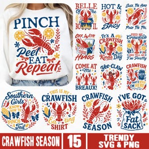 Crawfish Season SVG PNG Bundle, Crawfish Boil svg, Cajun Seafood svg, Crawfish Party svg, Trendy Crawfish Shirt svg, Pinch Peel Eat Repeat