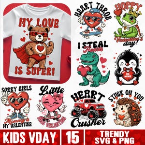 Kids Valentine SVG Bundle, Trendy Vday Toddler svg, Funny Kids Valentine&#39;s svg, Heart Character svg, Dinosaur Toddler svg, Heart Throb svg
