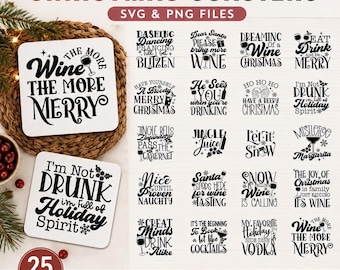 Julunderlägg SVG-paket, roliga dryckescitat svg, julvinunderlägg svg, ju mer vin desto mer glad svg