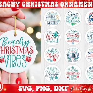 Beachy Christmas Ornament SVG Bundle, Tropical Christmas svg, Round Beach Ornaments svg, Beach Round Sign svg, Coastal Christmas svg