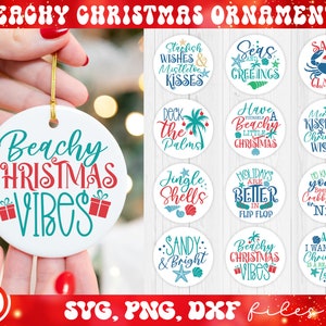 Beachy Christmas Ornament SVG Bundle, Tropical Christmas svg, Round Beach Ornaments svg, Beach Round Sign svg, Coastal Christmas svg