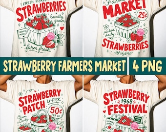 Strawberry Farmers Market PNG, Bundle Preppy Summer Fruit Market Coquette Berries Retro Strawberry Patch Festival Sublimation