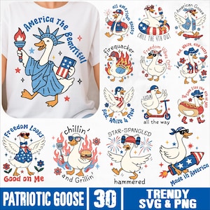 Pacchetto SVG PNG con oca patriottica, divertente oca del 4 luglio in formato SVG, umoristica oca rossa, bianca e blu in formato PNG, atmosfera retrò USA con oca del Giorno dell'Indipendenza in formato PNG