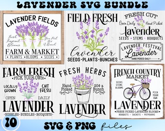 May include: A set of 10 SVG and PNG files featuring vintage-style signs with lavender imagery. The signs advertise lavender products such as fresh cut lavender, lavender fields, farm fresh lavender, and French country market lavender. The signs have a rustic wood background and feature black text with purple lavender flowers.