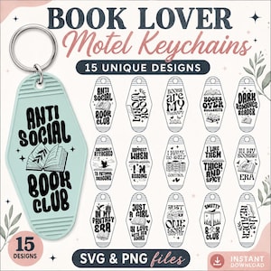 Pacote de chaveiros em SVG para amantes de livros, chaveiro de hotel para leitura em SVG, chaveiro moderno em SVG, chaveiro "Na minha era de fantasia" em SVG, chaveiro "Clube do Livro Antissocial" em SVG