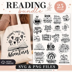 May include: A beige canvas tote bag featuring a black graphic of an open book and hot air balloons with the text Reading takes you on the greatest adventures, alongside a digital sheet displaying 25 black and white book-themed designs.