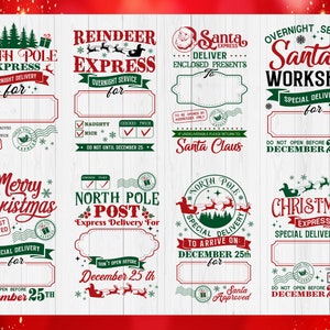 May include: A set of eight rectangular Christmas gift tags featuring red and green festive typography and graphics. Each tag includes blank spaces for names, Santa-themed illustrations, postmarks, and text like North Pole Express and Santa's Workshop.