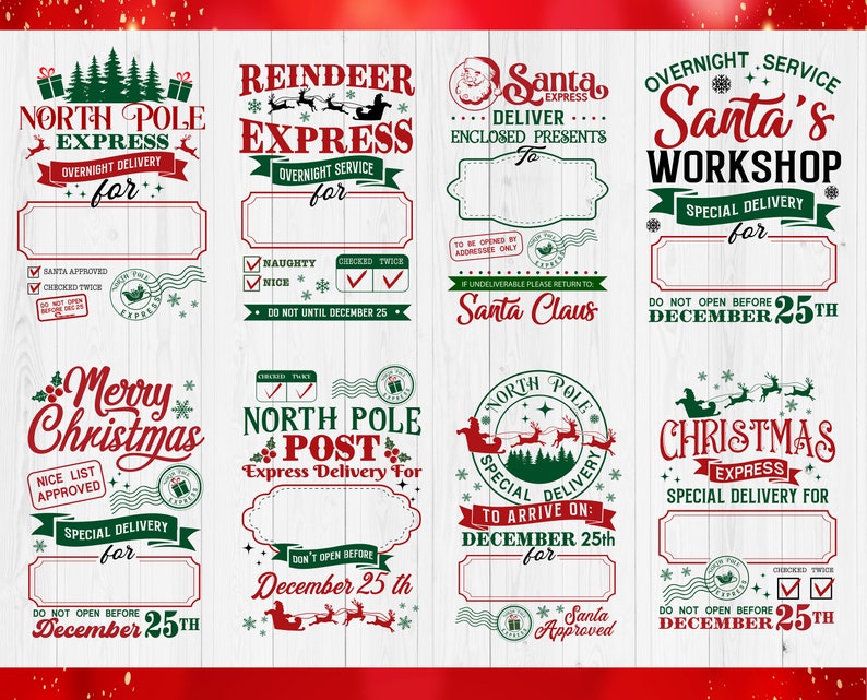 May include: A set of eight rectangular Christmas gift tags featuring red and green festive typography and graphics. Each tag includes blank spaces for names, Santa-themed illustrations, postmarks, and text like North Pole Express and Santa's Workshop.