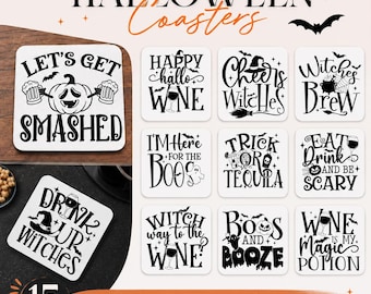 Halloween-underlägg SVG-paket, roliga vincitat svg, Halloween-drickunderlägg svg, Happy Hallo vin svg