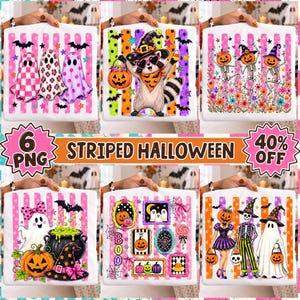 May include: A set of six digital Halloween-themed graphic designs featuring striped backgrounds and various illustrations including ghosts, a raccoon in a witch hat, skeletons, pumpkins, a cauldron, and framed seasonal motifs with colorful accents.