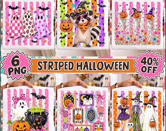 Striped Preppy Halloween PNG, Coquette Ghosts, Retro Spooky Characters Sublimation