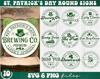 May include: Ten round St. Patrick's Day signs with green shamrock designs and text. The signs feature phrases like "Brewing Co.", "Lucky Shamrocks", "Irish Pub", and "Four Leaf Clovers".