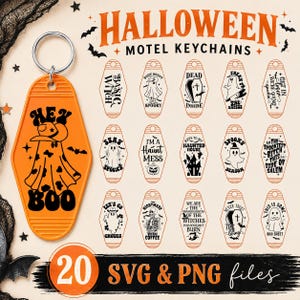 Pode incluir: Um chaveiro estilo motel laranja com um gráfico preto de um fantasma usando um chapéu de cowboy e o texto HEY BOO. A imagem exibe 20 designs digitais para chaveiros de motel de Halloween, apresentando vários fantasmas e esqueletos.