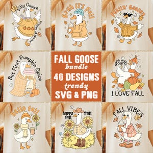 Peut inclure: Une collection de t-shirts avec des oies de dessins animés sur le thème de l'automne. Chaque chemise présente une illustration unique avec des phrases comme "Silly Goose", "Bruh It's Fall" et "Fall Vibes". Le lot comprend 40 motifs SVG et PNG tendance.