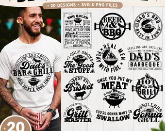 May include: A white t-shirt featuring a black graphic print of a grill, a sausage, and the text Dad's Bar & Grill. Beside it, a digital collection of 20 black and white BBQ-themed graphic designs in SVG and PNG formats with various grill illustrations.