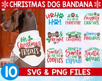 Peut inclure: Un chien portant un bandana blanc sur le thème de Noël avec le texte "Oh Christmas Treats". L'image présente divers bandanas pour chiens sur le thème de Noël avec des phrases comme "My first Christmas" et "Happy Pawlidays". L'image comprend le texte "10 SVG & PNG FILES."