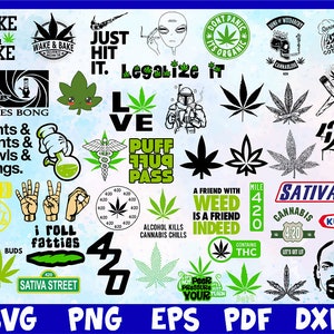Puede incluir: Una colecci&oacute;n de gr&aacute;ficos y dise&ntilde;os de texto con tem&aacute;tica de cannabis. Incluye frases como "Wake & Bake", "Just Hit It" y "Legalize It". Presenta ilustraciones de hojas de marihuana y referencias a la cultura 420. Formatos: SVG, PNG, EPS, PDF, DXF.