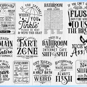 May include: A collection of twelve rectangular signs with black typography and illustrations on a white wood background. The signs feature humorous bathroom-themed text, including phrases like Bathroom Rules, Fart Zone, and Nice Ass with a donkey.
