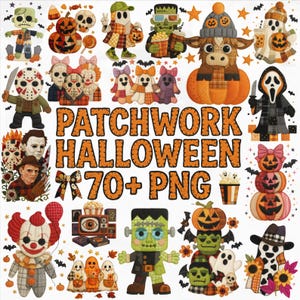 Könnte beinhalten: Eine Sammlung von Halloween-Grafiken im Patchwork-Stil. Das Bild zeigt verschiedene Charaktere, darunter ein Frankenstein-Monster, ein Clown und eine Kuh mit Hut. Der Text "PATCHWORK HALLOWEEN 70+ PNG" ist in Orange dargestellt.