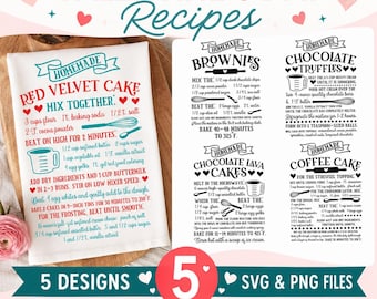 May include: A white kitchen towel featuring red and teal text for a Red Velvet Cake recipe, alongside a digital sheet displaying four additional black text recipes for brownies, chocolate truffles, lava cakes, and coffee cake with SVG and PNG labels.