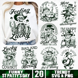 Paquete SVG del día de San Patricio sarcástico, svg de duende divertido, svg de humor adulto de San Patricio, svg de esqueleto irlandés de moda, svg de trébol de la suerte divertido