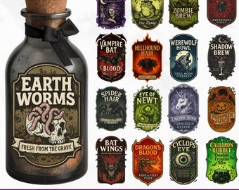 Halloween Potion Labels PNG Bundle, Spooky Witchcraft Stickers, Vintage Horror Apothecary Jar Tags, Creepy Magic Potion Sublimation